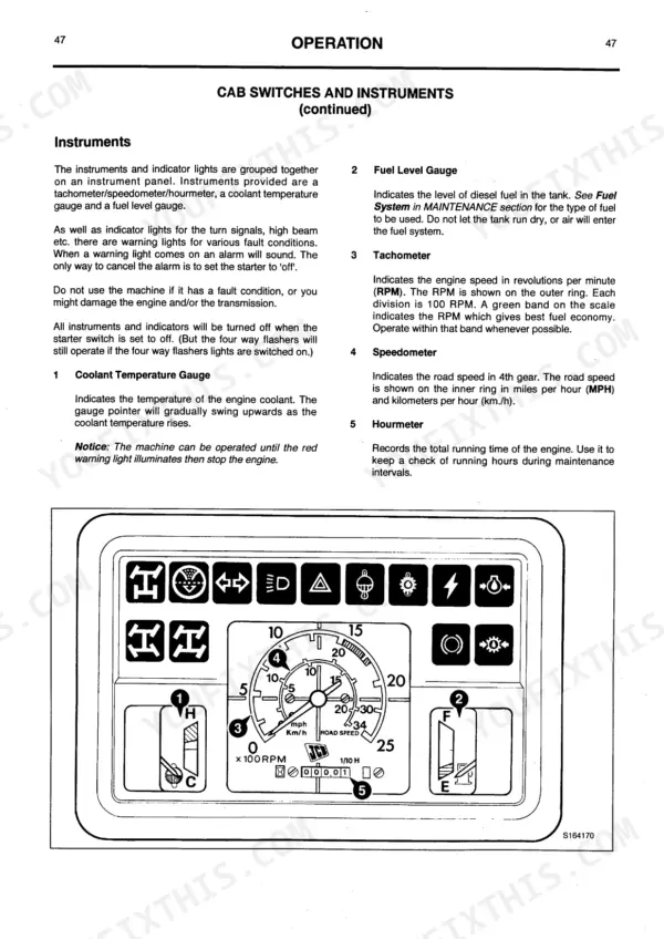JCB 506-36, 508-40, 510-40, 506B cab instrument panel diagram, gauges, and indicator light descriptions.