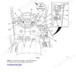 JCB 506-36, 507-42, 509-42, 510-56 cab layout diagram showing steering wheel, instrument cluster, pedals, and joystick controls.
