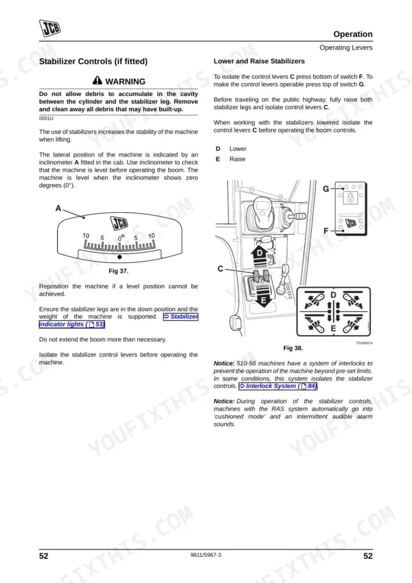 JCB 506-36, 507-42, 509-42, 510-56 stabilizer controls operation, inclinometer diagram, and lever isolation procedures.
