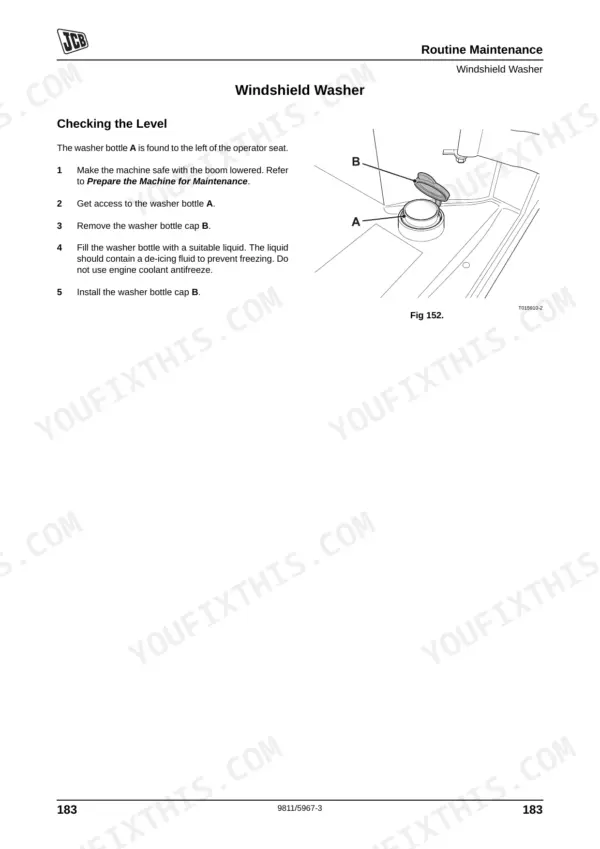 JCB 506-36, 507-42, 509-42, 510-56 maintenance procedure for checking and filling the windshield washer fluid bottle.