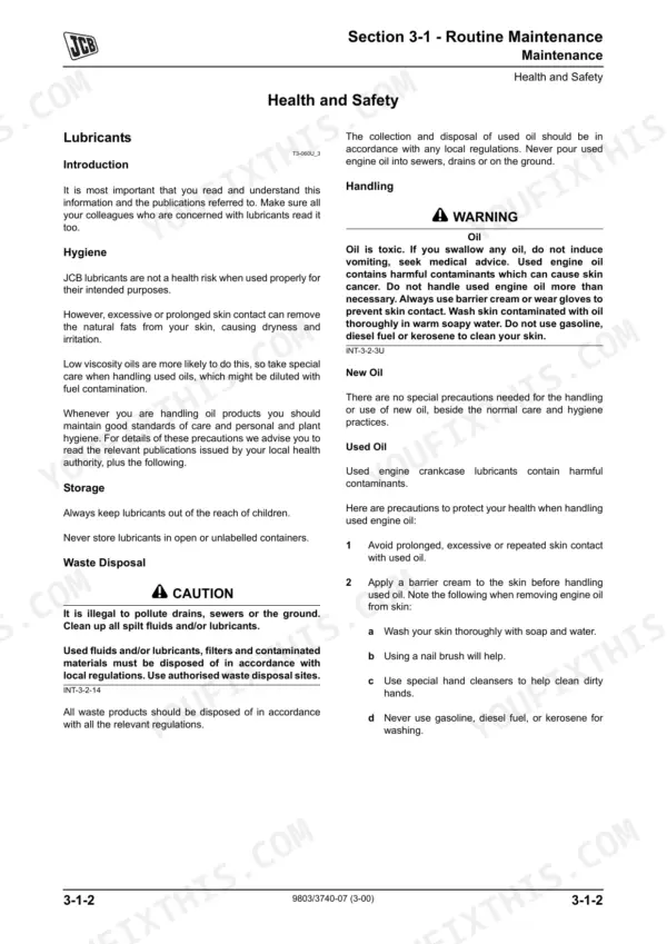 JCB 506-36, 507-42, 509-42, 510-56, 512-56 routine maintenance manual page covering health and safety for lubricants.