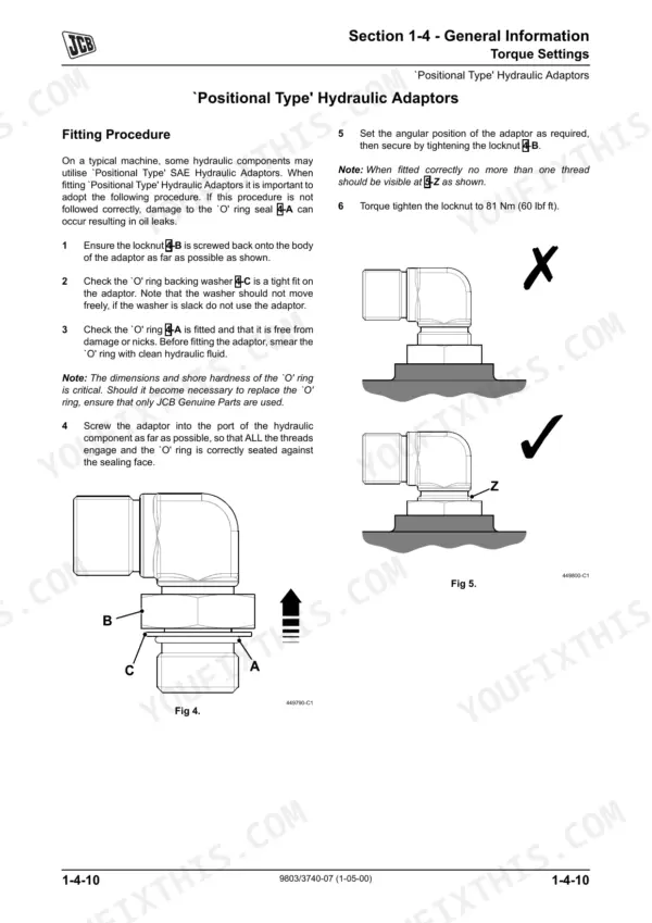 JCB 506-36, 507-42, 509-42, 510-56, 512-56 service manual procedure for fitting positional type hydraulic adaptors.