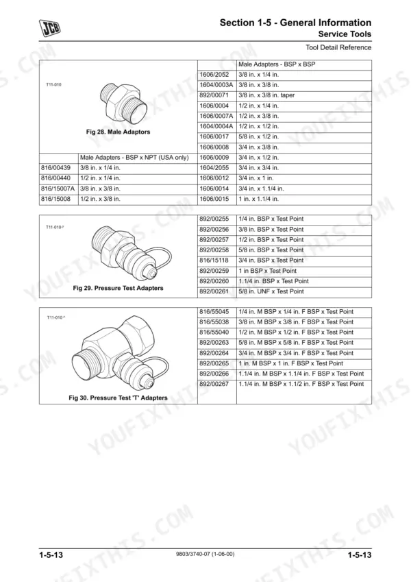 JCB 506-36, 507-42, 509-42, 510-56, 512-56 service manual table of male, pressure test, and 'T' adapters with part numbers.