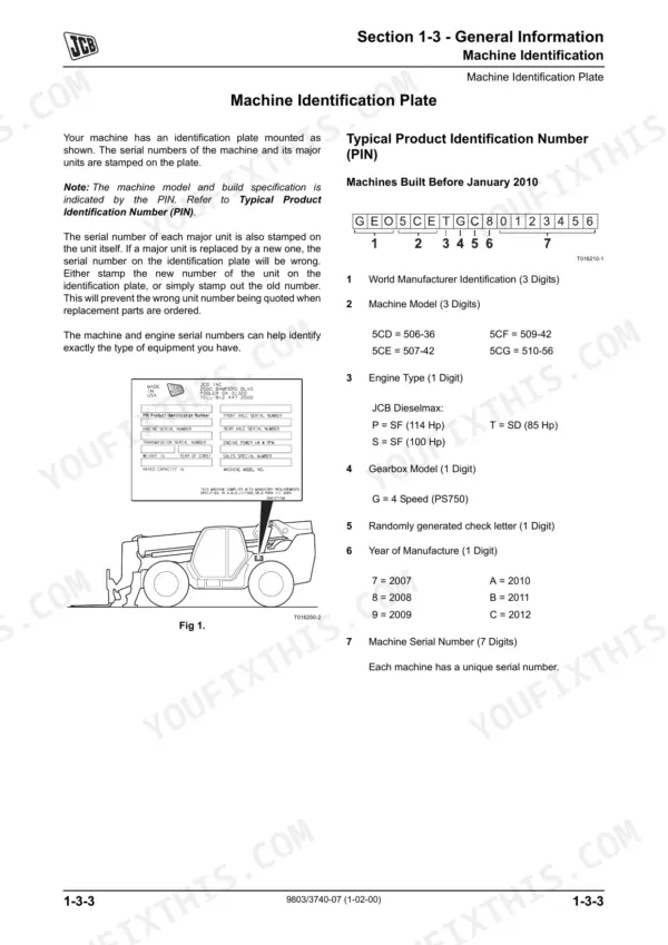 JCB 506-36, 507-42, 509-42, 510-56, 512-56 machine identification plate and PIN breakdown diagram for pre-2010 models.