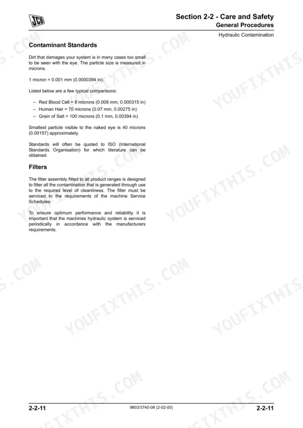 JCB 506-36, 507-42, 509-42, 510-56, 512-56 manual page on hydraulic contamination standards and filter maintenance.