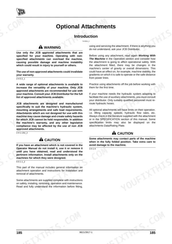 JCB 506-36, 507-42, 509-42, 510-56, 512-56, 514-56 optional attachments introduction, safety warnings, and operation guidelines.