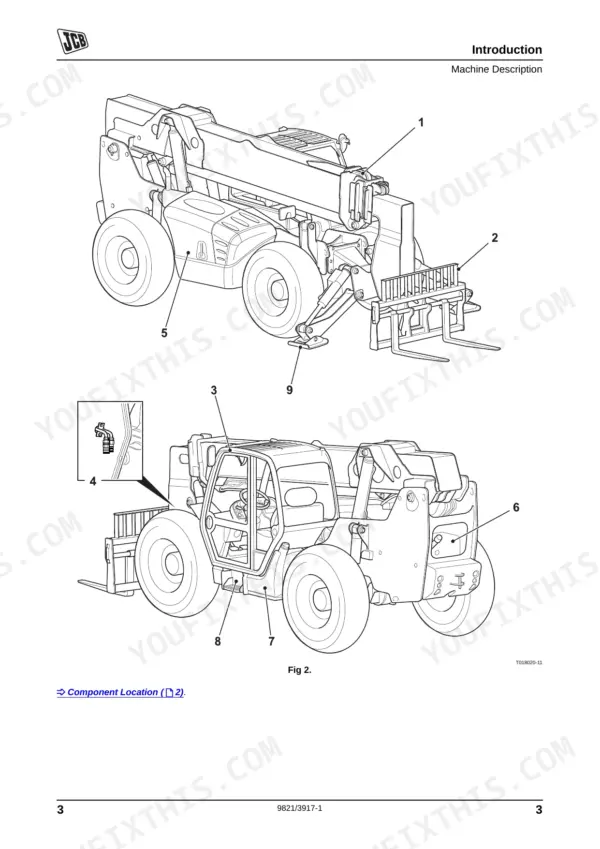 JCB 506-36, 507-42, 509-42, 510-56, 512-56, 514-56 machine description diagram showing numbered component locations.
