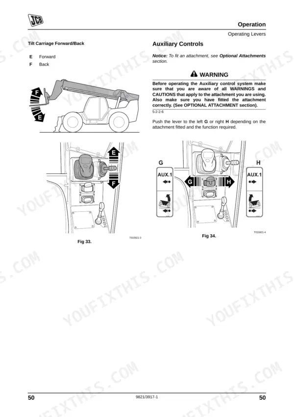 JCB 506-36, 507-42, 509-42, 510-56, 512-56, 514-56 operation manual showing tilt carriage and auxiliary control lever diagrams.