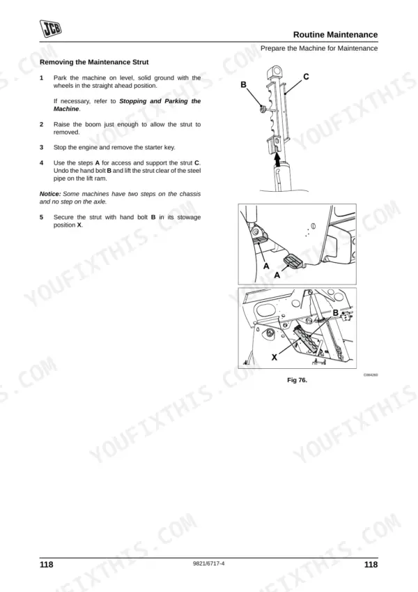 JCB 506-36, 507-42, 509-42, 510-56, 512-56, 514-56 maintenance procedure for removing the boom maintenance strut.