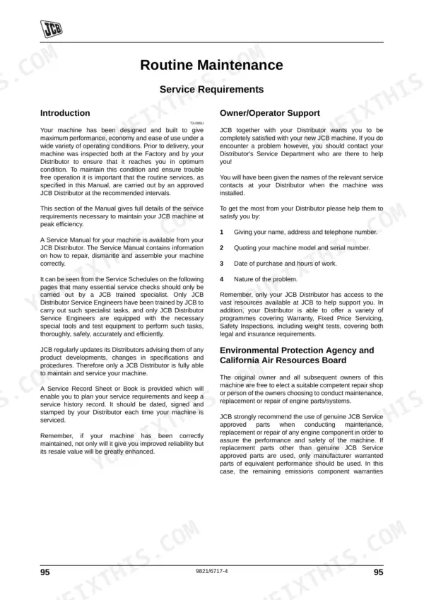 JCB 506-36, 507-42, 509-42, 510-56, 512-56, 514-56 Routine Maintenance introduction and owner support service requirements page.
