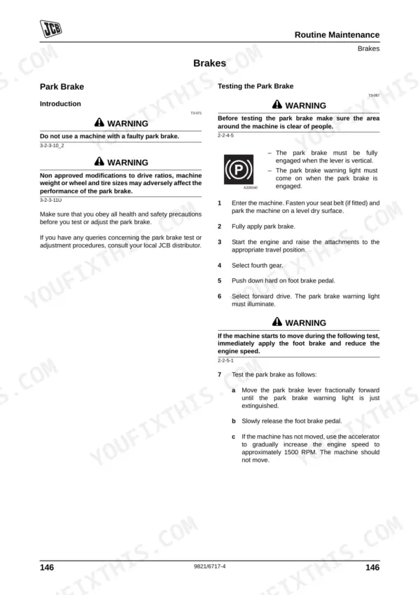 JCB 506-36, 507-42, 509-42, 510-56, 512-56, 514-56 maintenance manual page detailing park brake testing procedures.