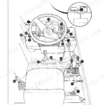 JCB 506B, 506C, 508C, 506C (HL) cab layout and controls diagram showing steering wheel, pedals, and operator levers.