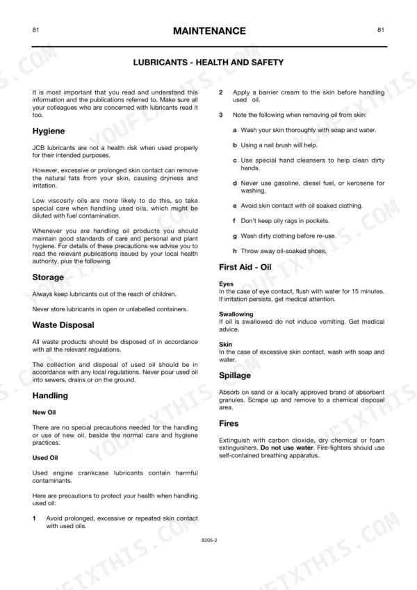 JCB 506B, 506C, 508C, 506C (HL) maintenance manual page covering lubricant health, safety, storage, and disposal procedures.