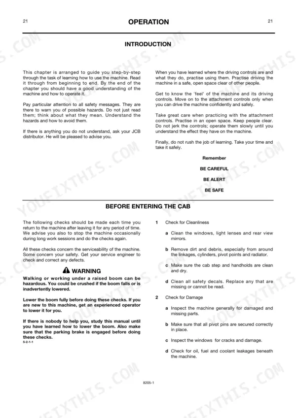 JCB 506B, 506C, 508C, 506C (HL) operation manual: introduction to machine controls and pre-entry cab safety checks.
