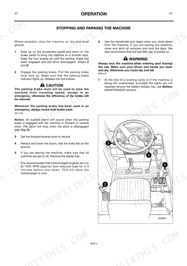 JCB 506B, 506C, 508C, 506C (HL) stopping and parking procedure with cab controls diagram.