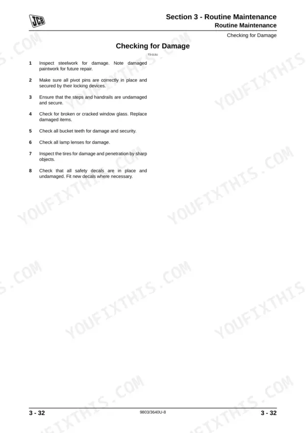 JCB 506C, 506CHL, 508C routine maintenance procedure for checking machine components and structure for damage.