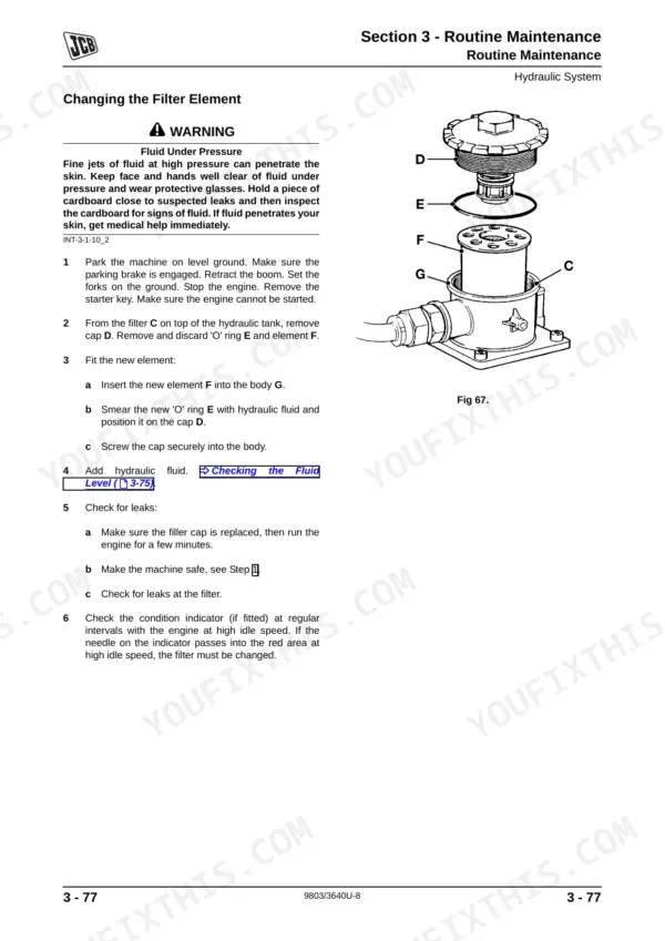JCB 506C, 506CHL, 508C hydraulic system maintenance procedure for changing the filter element with exploded view diagram.