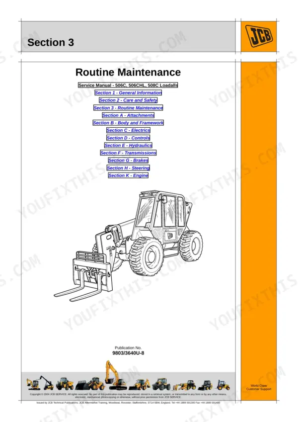 JCB 506C, 506CHL, 508C service manual table of contents page for routine maintenance and machine systems.