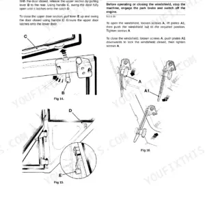 JCB 506C, 506CHL, 508C procedures for opening and closing the upper door section and windshield with component diagrams.