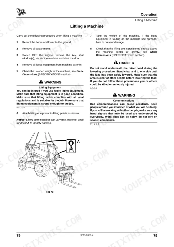 JCB 506C, 506CHL, 508C procedure for lifting a machine with safety warnings and a diagram of lifting points.