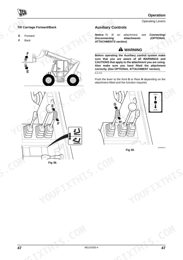 JCB 506C, 506CHL, 508C manual page showing tilt carriage and auxiliary control lever operation diagrams.