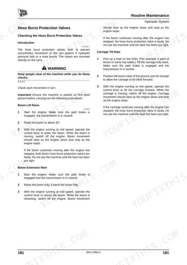 JCB 515-40 maintenance procedure for checking hydraulic hose burst protection valves on boom and carriage tilt rams.