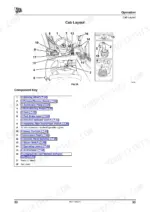 jcb-515-40-loadall-operator-manual-9821-0950-5-controls-41.webp JCB 515-40 cab layout diagram and component key identifying steering, pedals, levers, and instrument panel controls.