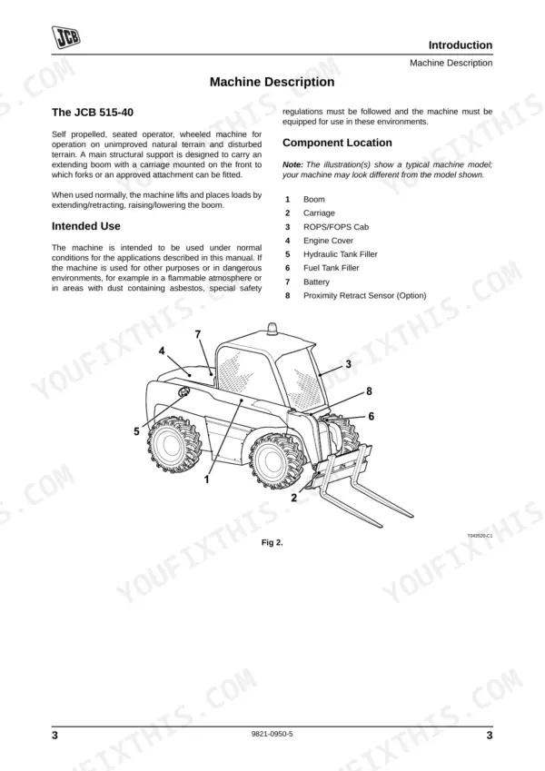 JCB 515-40 machine description and component location diagram with numbered parts list for boom, cab, and fillers.