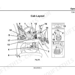 JCB 515-40 cab layout diagram showing numbered controls, steering wheel, joystick, and pedal positions.