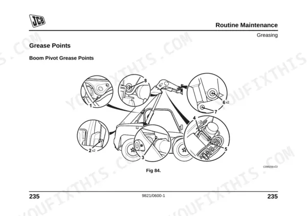 JCB 515-40 routine maintenance diagram showing boom pivot grease points and numbered lubrication locations.