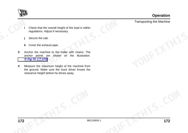 JCB 515-40 operator manual page detailing procedures for transporting the machine, including securing and anchoring steps.