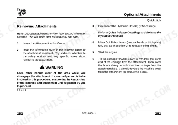 JCB 515-40 manual page detailing the procedure for removing optional attachments and quickhitch hydraulic hoses.