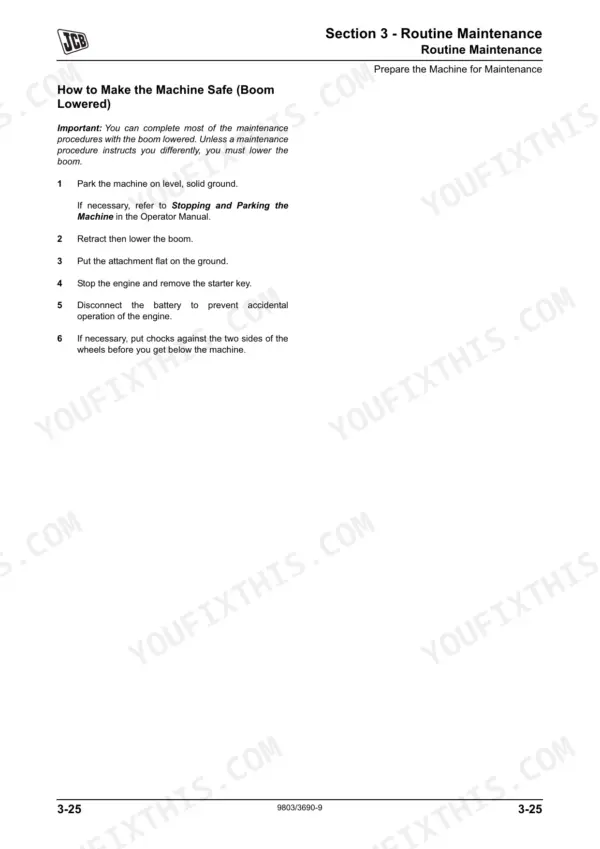 JCB 520-40, 524-50, 527-55 service manual page for routine maintenance procedure: How to Make the Machine Safe.