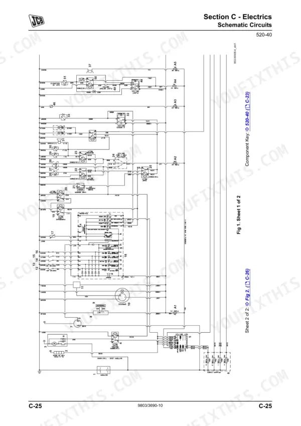 JCB 520-40, 524-50, 527-55 electrical schematic circuit diagram showing fuses, relays, and key switch wiring connections.