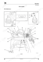 jcb-520-40-524-50-527-55-loadall-operator-manual-9811-6000-controls-46.webp JCB 520-40, 524-50, 527-55 cab layout diagram showing steering wheel, joystick controls, pedals, and instrument panel.