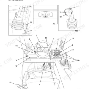 JCB 520-40, 524-50, 527-55 cab layout diagram showing steering wheel, joystick controls, pedals, and instrument panel.