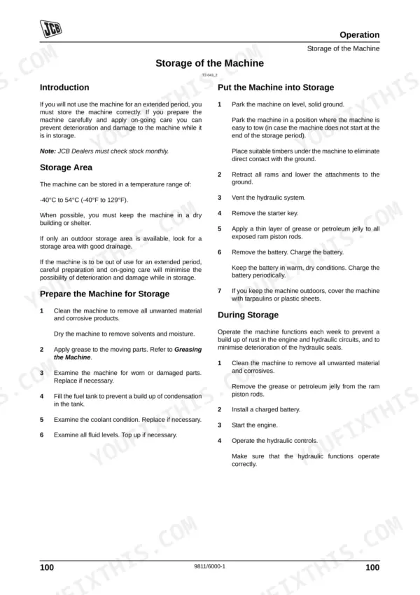 JCB 520-40, 524-50, 527-55 operator manual procedures for machine storage, preparation, and maintenance during storage.