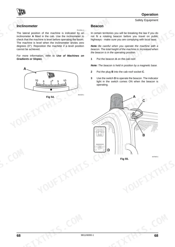 JCB 520-40, 524-50, 527-55 operation manual showing inclinometer and rotating beacon safety equipment procedures.