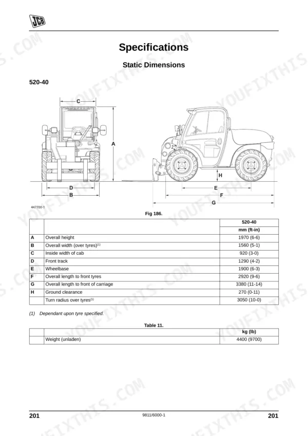 JCB 520-40, 524-50, 527-55 static dimensions diagram and specifications table for height, width, and unladen weight.