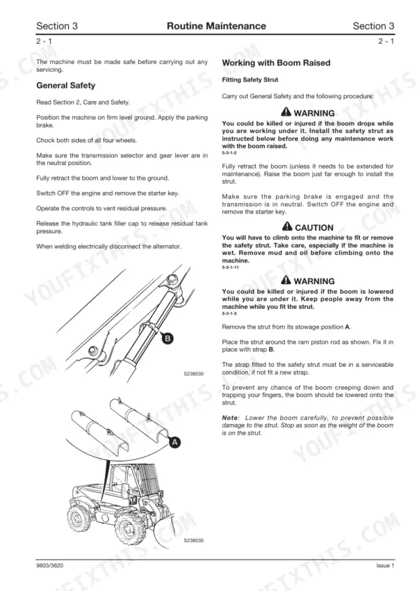 JCB 520-50, 525-50, 525-50S routine maintenance procedure for fitting the boom safety strut and general safety instructions.