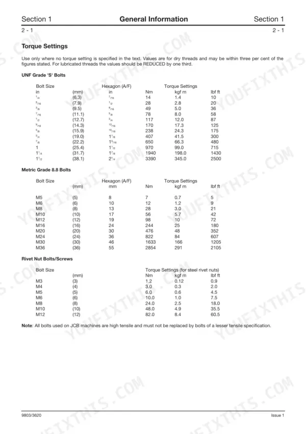 JCB 520-50, 525-50, 525-50S torque settings table for UNF Grade S, Metric Grade 8.8, and rivet nut bolts and screws.