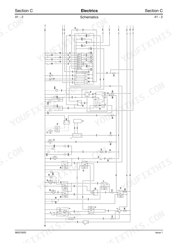JCB 520-50, 525-50, 525-50S electrical system schematic diagram showing wiring connections, relays, and circuit components.