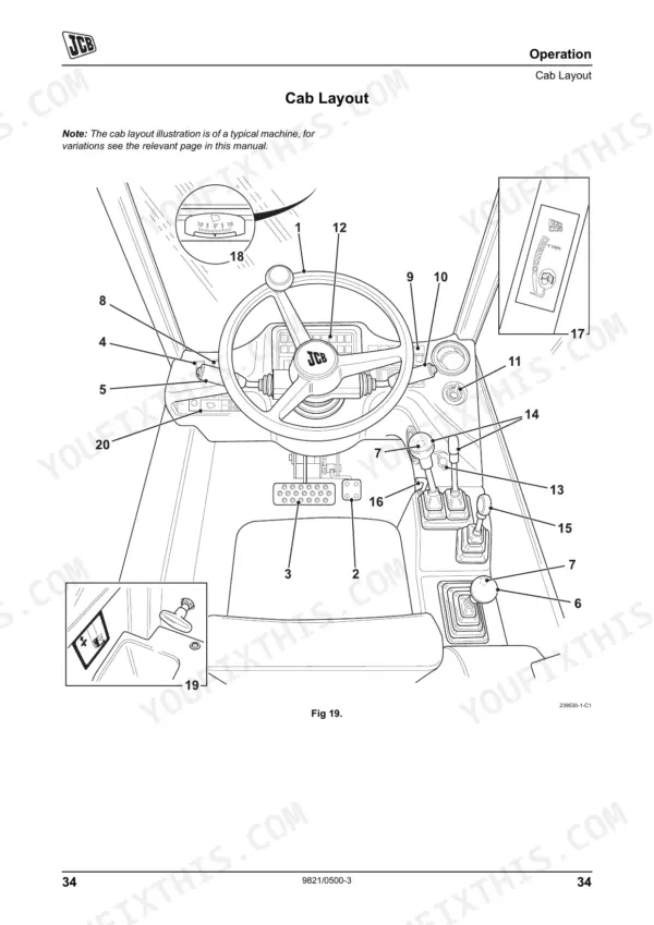 JCB 520-50 operator manual diagram showing numbered cab layout, steering wheel, pedals, and control lever positions.