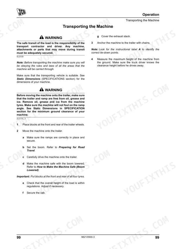 JCB 520-50 operator manual page detailing procedures for safely transporting the machine on a trailer.