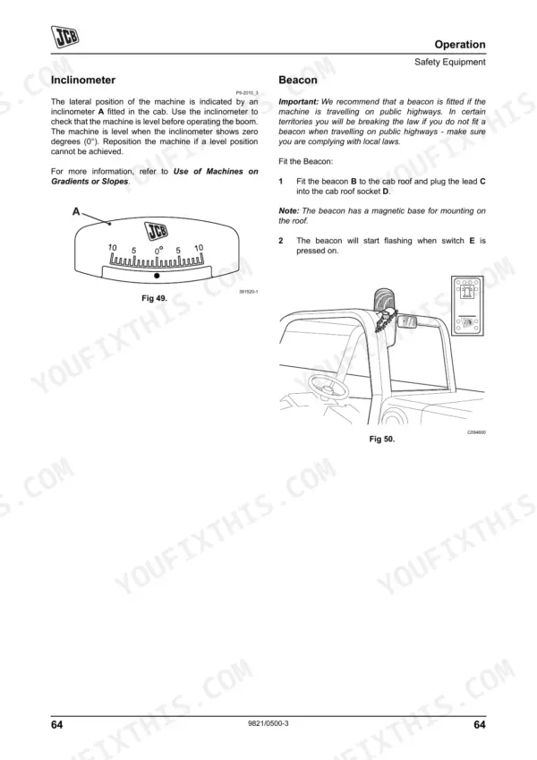 JCB 520-50 operation manual showing inclinometer diagram and beacon installation instructions for safety equipment.