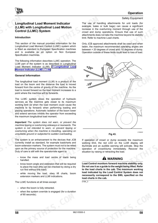 JCB 520-50 Longitudinal Load Moment Indicator and Control system operation guide with boom angle diagram