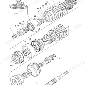 JCB 520-55 RS, 526S LOADALL exploded view diagram of the Syncro Shuttle transmission clutch pack and shaft components.
