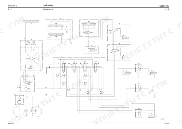 JCB 520-55 RS, 520-55 AWS, 526-55, 526, 526S AWS, 520S, LOADALL hydraulic schematic showing control valves and cylinders.