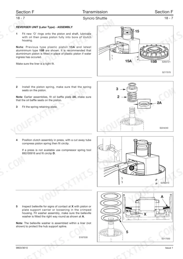 JCB 520-55 RS, 526S AWS: Reverser unit assembly procedures, piston, spring, and belleville washer installation diagrams.