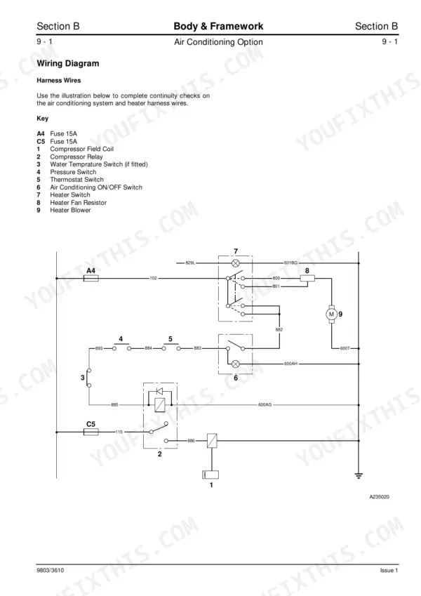 JCB 520-55 RS, 526S Loadall air conditioning and heater wiring diagram with component key and harness wire details.